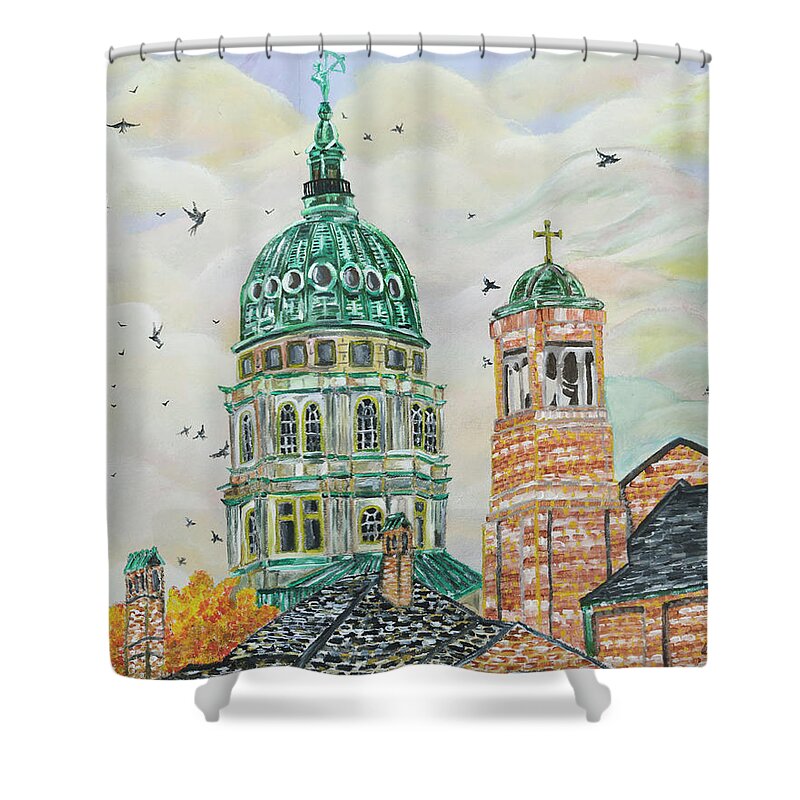 Acrylic Painting Art Shower Curtain featuring the painting End Of The Green College Of Crows by The GYPSY and Mad Hatter