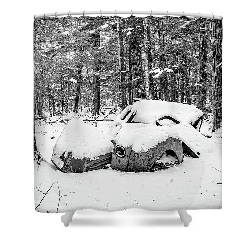 #fine Art Photograph #black And White Photograph #abandoned #wisconsin #old #antique #woods #forest #trees #shadows #history #old Parts #ford Truck #ford Automobile #walk In The Woods #afternoon Walk #afternoon Light #highlights #wall Decor #wall Art Shower Curtain featuring the photograph End of the road by David Heilman