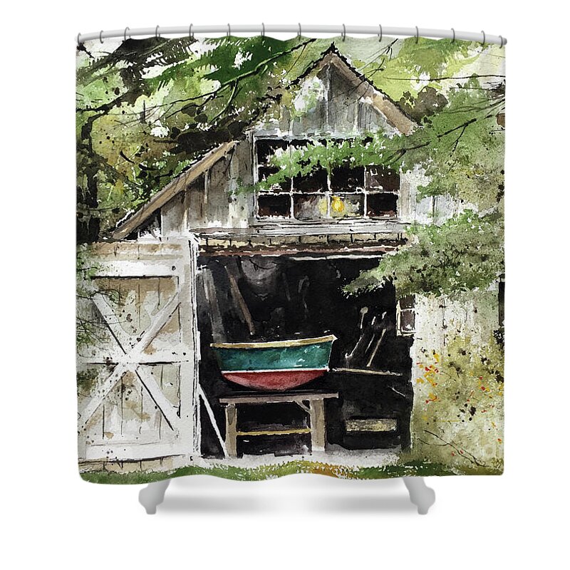 A Small Boat Rests On Sawhorses In A Tool Shed At Round Pond Shower Curtain featuring the painting End Of The Season by Monte Toon