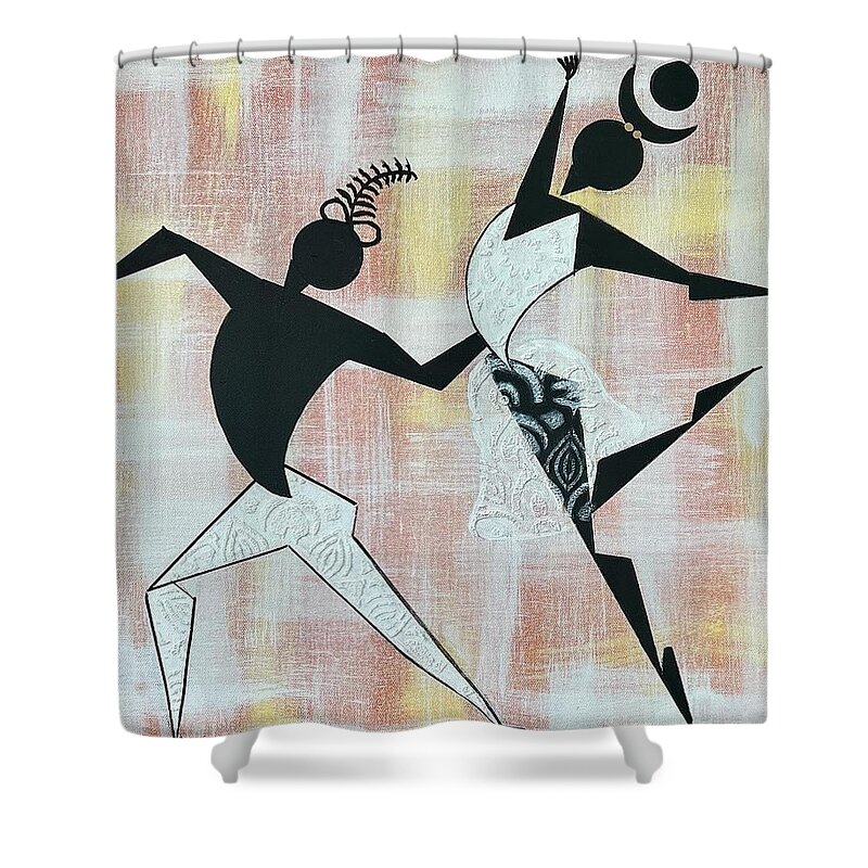 Black Dancers Shower Curtain featuring the painting Endurance and Harmony by D Powell-Smith