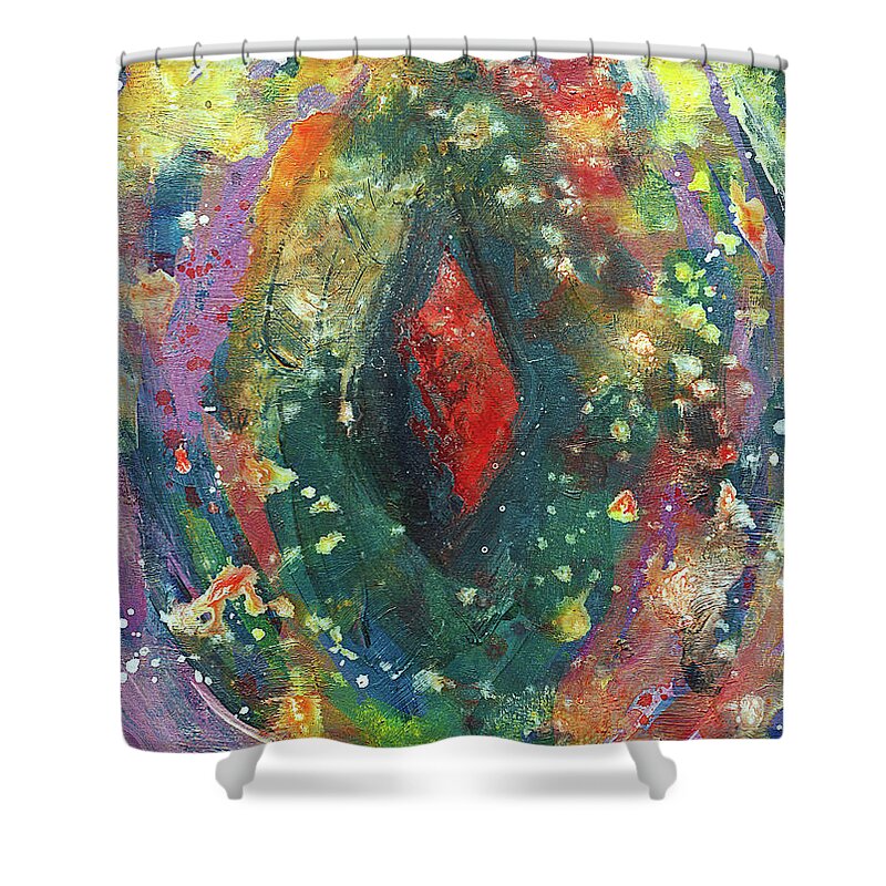 Abstract Shower Curtain featuring the painting Energy of Red by Maria Meester
