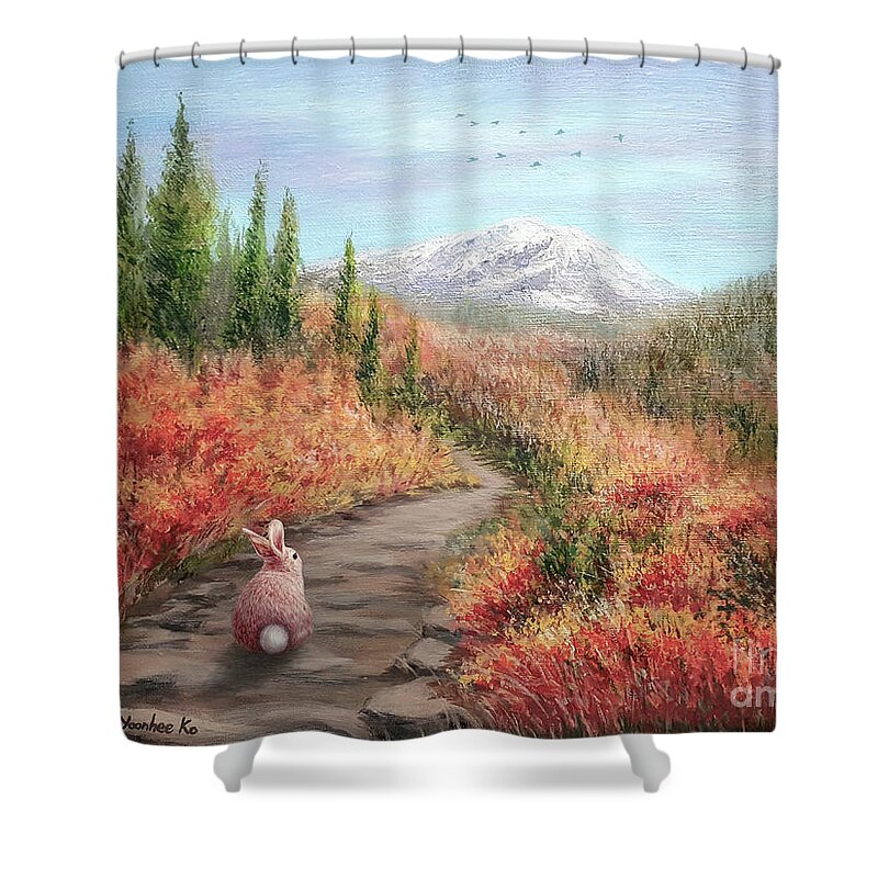 Hiking Bunny Shower Curtain featuring the painting Enter Autumn by Yoonhee Ko