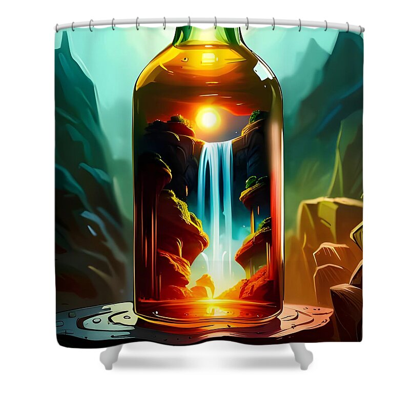 Waterfall Art Shower Curtain featuring the mixed media Escape to a Peaceful Oasis with Waterfall in a Bottle Artwork by Artvizual Premium