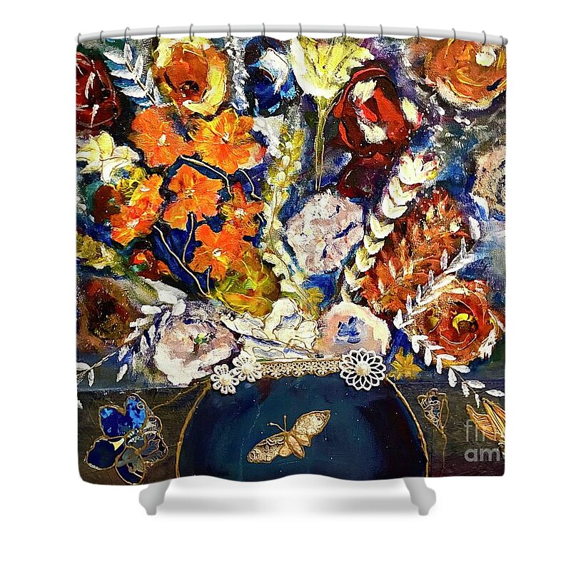 Flowers Butterfly Blue Colorful Shower Curtain featuring the painting Escaping Normal by Kathy Bee