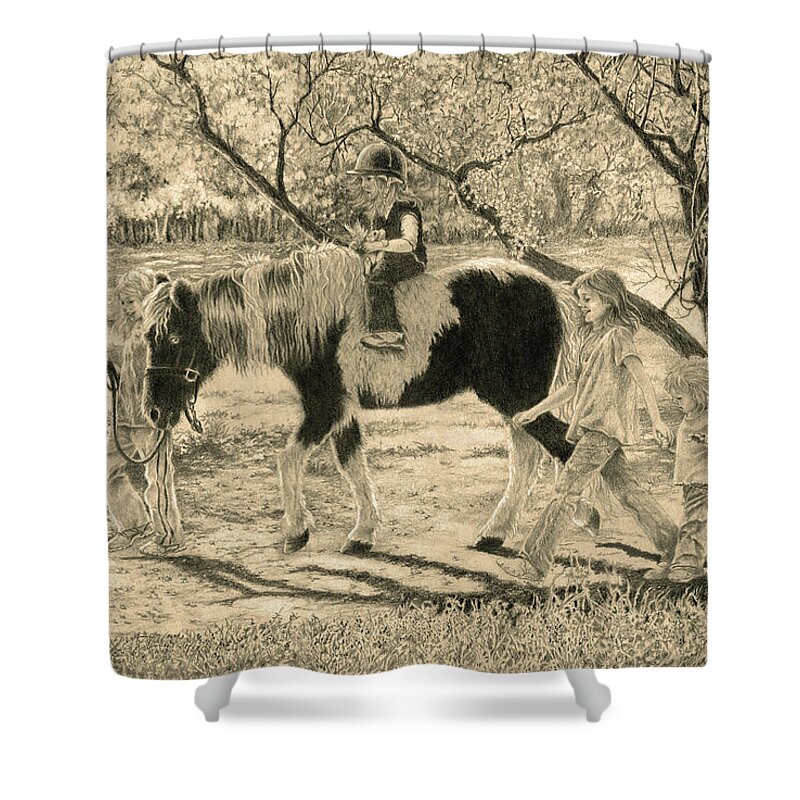 Pony Shower Curtain featuring the drawing Escort Duty by Jill Westbrook