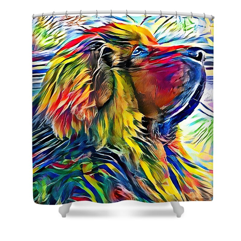 Tibetan Mastiff Shower Curtain featuring the digital art Tibetan Mastiff dog sitting profile - high contrast colorful painting by Nicko Prints