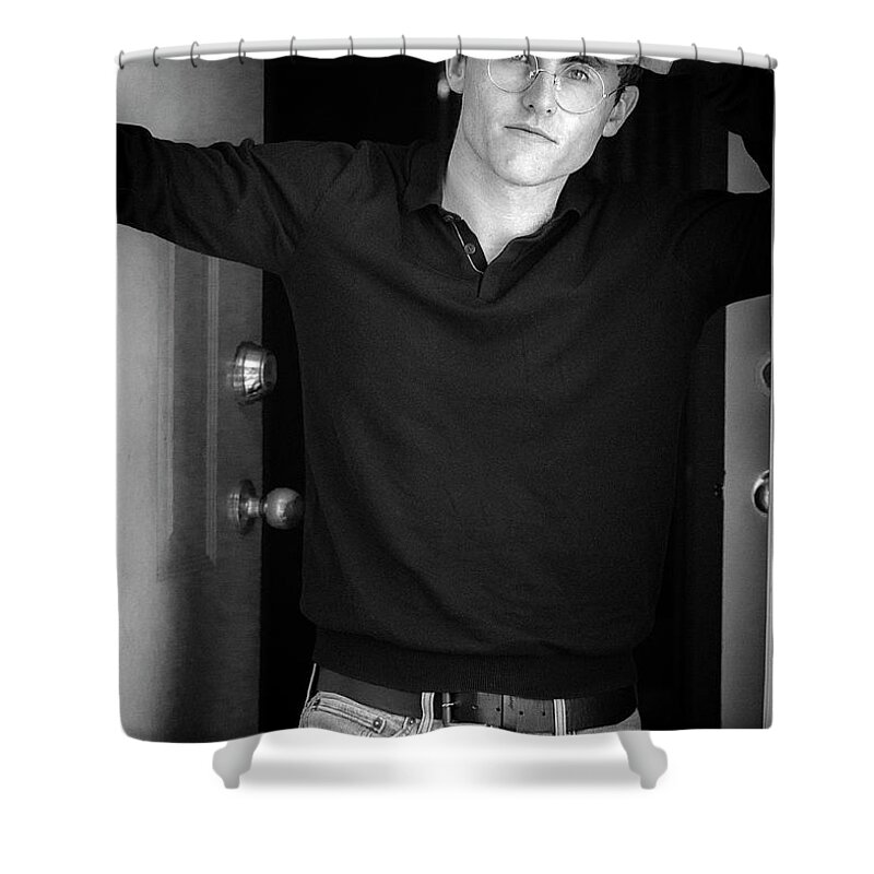 Ethan Shower Curtain featuring the photograph Ethan at the door by Jim Whitley