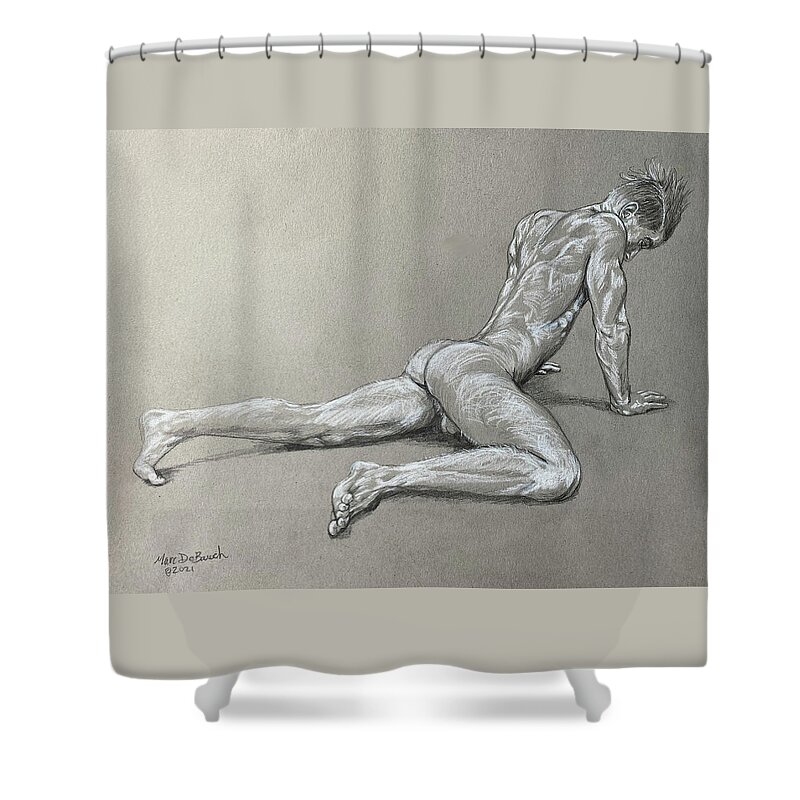 Male Nude Shower Curtain featuring the drawing Ethan Stretching by Marc DeBauch