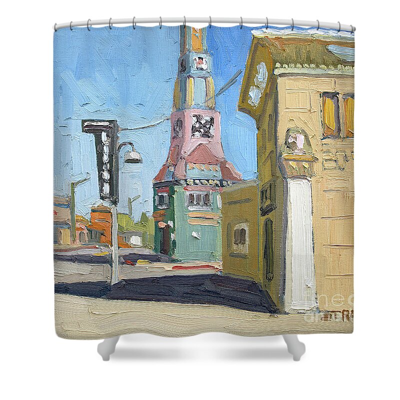 Euclid Tower Shower Curtain featuring the painting Euclid Tower - City Heights, San Diego, California by Paul Strahm