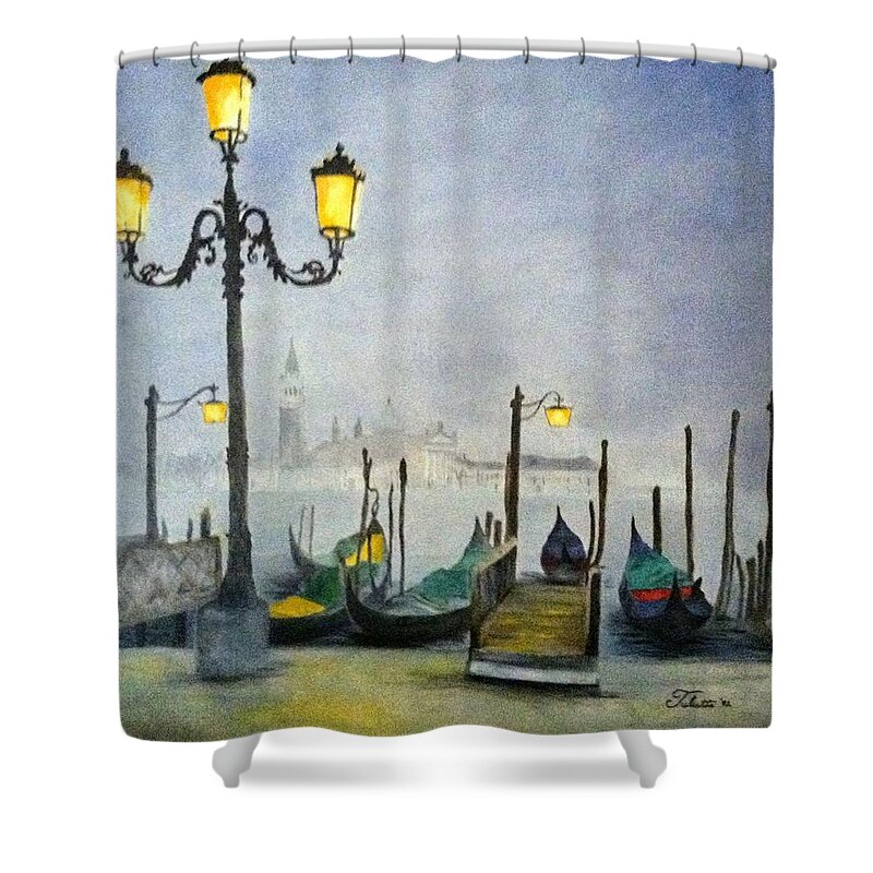 Venice Shower Curtain featuring the painting Evening in Venice by Juliette Becker