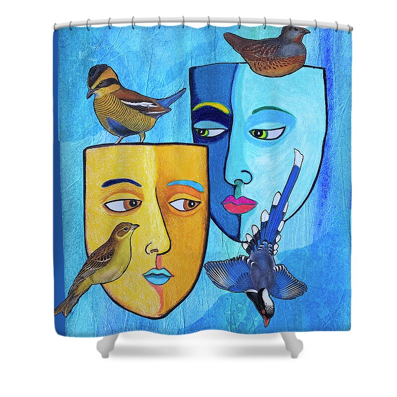 Masks Shower Curtain featuring the mixed media Evening Song by Lorena Cassady