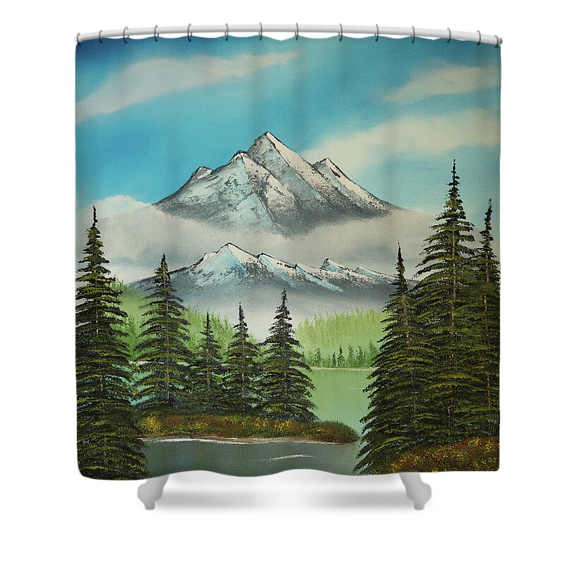 Mountains Shower Curtain featuring the painting Evergreen Cove by Jamie Pattison