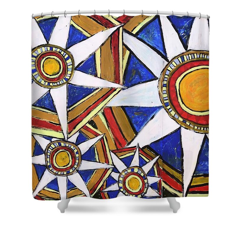 Red White And Blue Shower Curtain featuring the painting Everybody Is a Star by Cyndie Katz