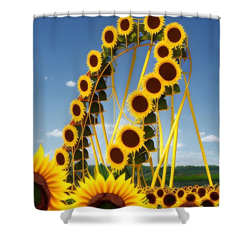 Sunflower Rollercoaster Shower Curtain featuring the mixed media Experience the Joyride of Sunflower Rollercoaster Art by Artvizual Premium