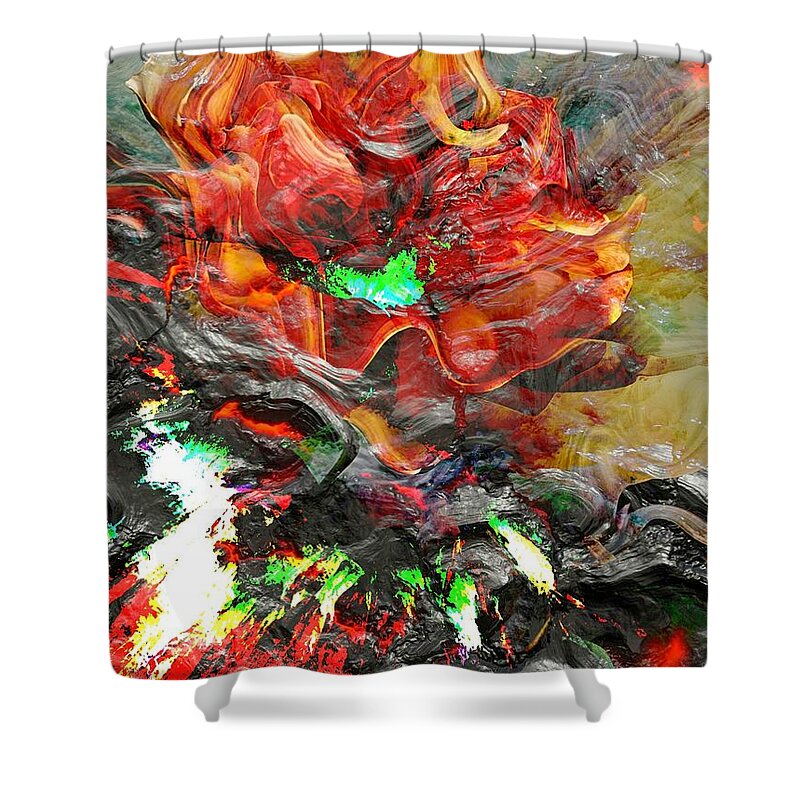 Rose Abstract Orange White Black Green Grey Yellow Flower Shower Curtain featuring the digital art Exploding Rose by Kathleen Boyles