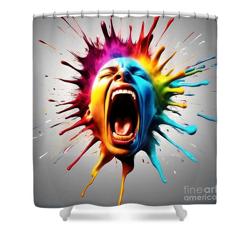 Colorful Art Shower Curtain featuring the mixed media Explosive Color and Emotion -The Screaming Face Art That Captivates by Artvizual