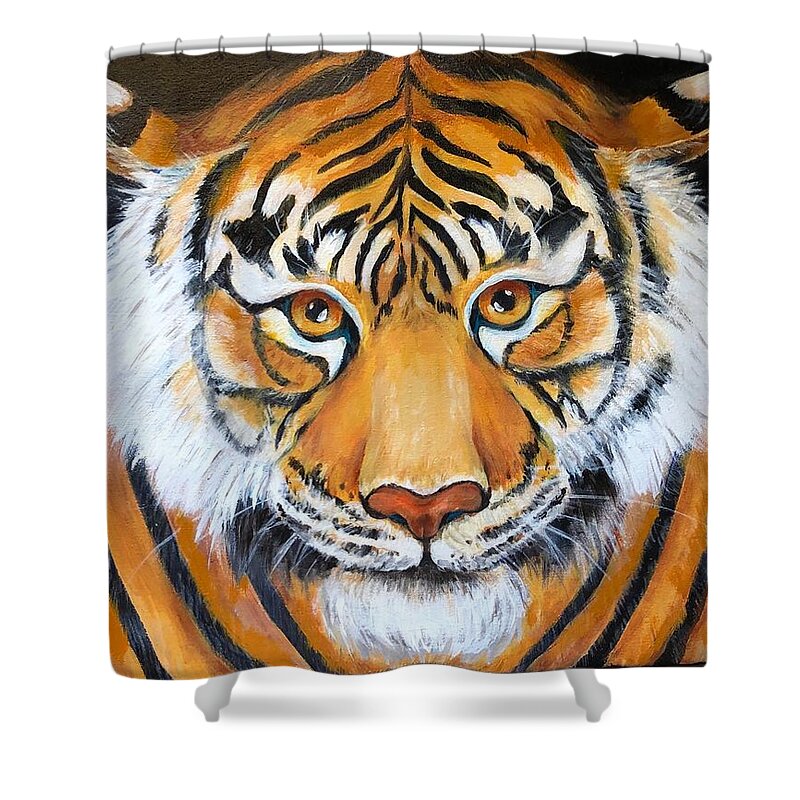 Tiger Shower Curtain featuring the painting Eye of the Tiger by Barbara Landry