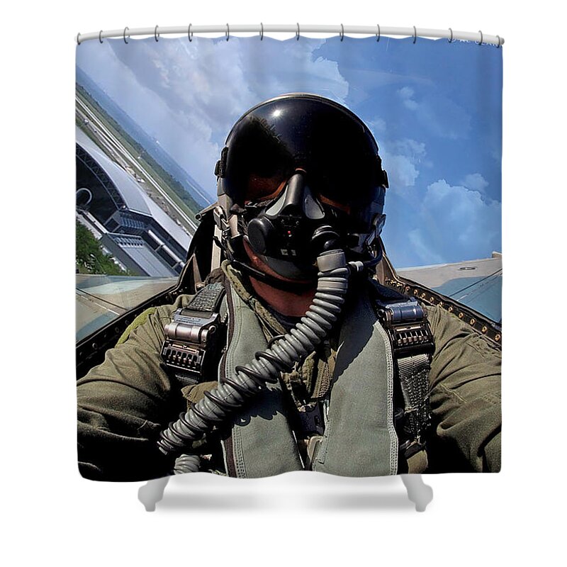 Falcon Shower Curtain featuring the digital art F-16N Over Tampa International by Custom Aviation Art