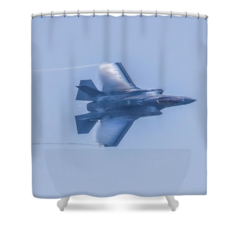 Aircraft Shower Curtain featuring the photograph F-35 Lightning II Vapor Trail by Jeff at JSJ Photography