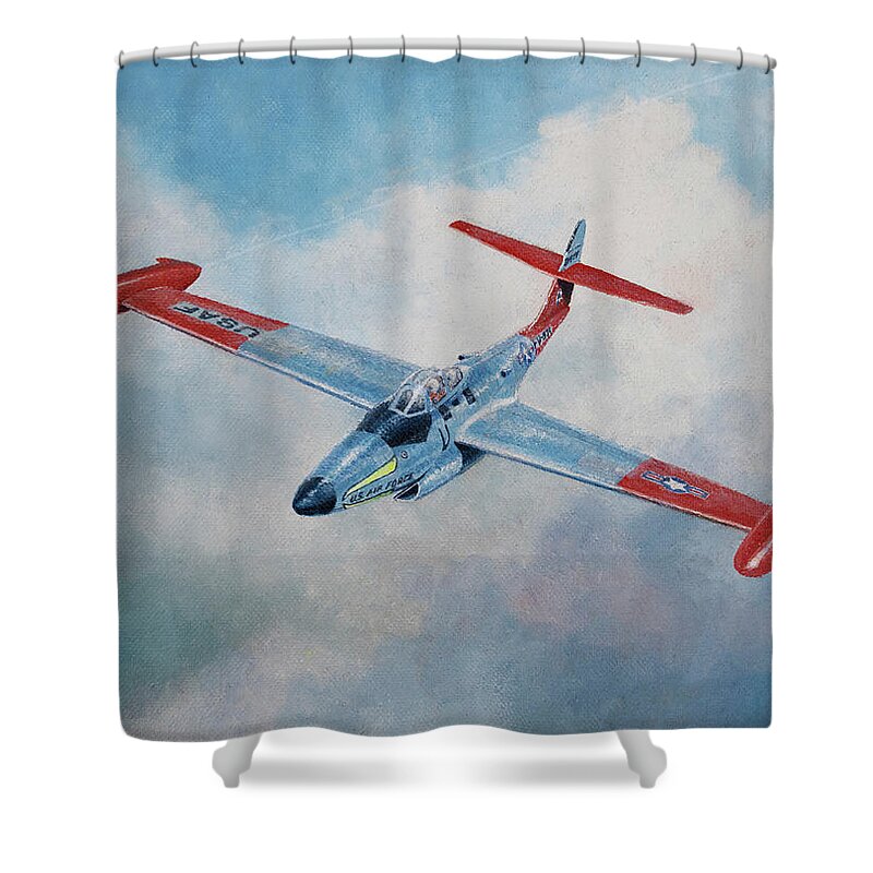 Aviation Shower Curtain featuring the painting F-89D Scorpion by Douglas Castleman