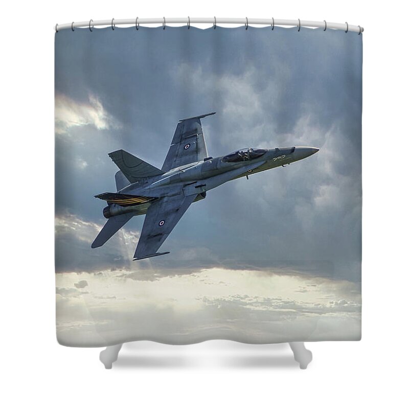 Afterburner Shower Curtain featuring the photograph F18 Hornet, Military fighter Aircraft by Rick Deacon