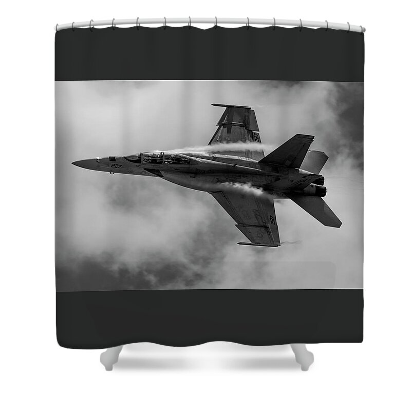 Airplane Shower Curtain featuring the photograph F18 in Black and White by Carolyn Hutchins