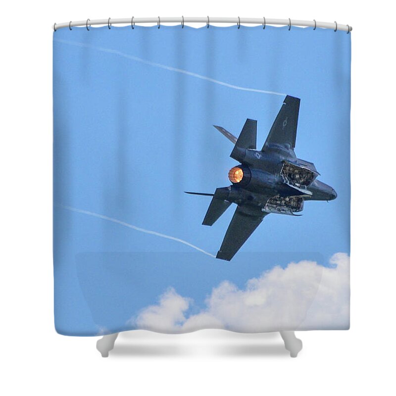 Military Shower Curtain featuring the photograph F35 Afterburner by Ed Stokes