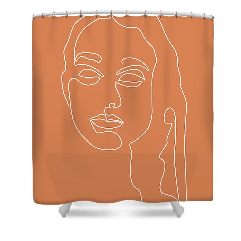 Portrait Shower Curtain featuring the mixed media Face 08 - Abstract Minimal Line Art Portrait of a Girl - Single Stroke Portrait - Terracotta, Brown by Studio Grafiikka