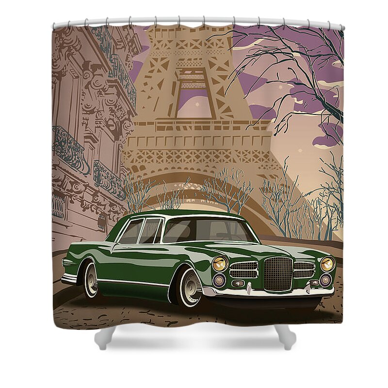 Art Deco Shower Curtain featuring the digital art Facel Vega - Paris est a nous. Classic Car Art Deco Style Poster Print Green Edition by Moospeed Art