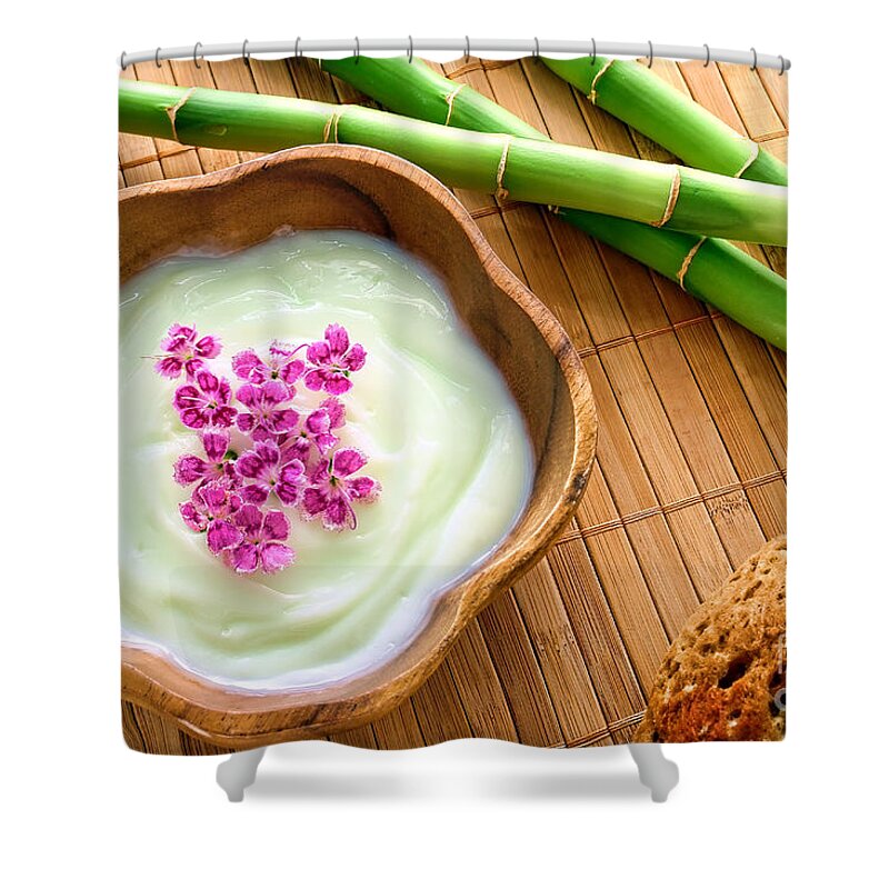 Aromatherapy Shower Curtain featuring the photograph Facial Cream and Flowers in Wood Bowl in a Spa by Olivier Le Queinec