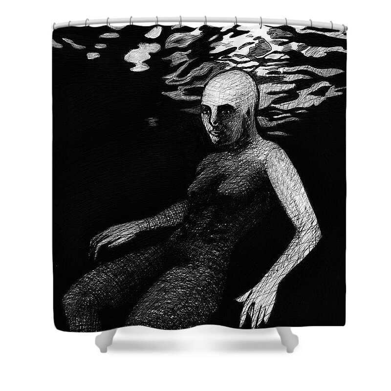 Black And White Drawing Shower Curtain featuring the painting Fae Turns Into Mergirl by Stephen Humphries