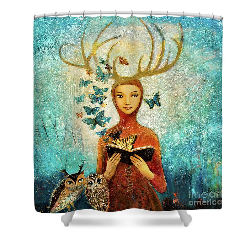  Shower Curtain featuring the painting Faerae Forest Story by Shijun Munns