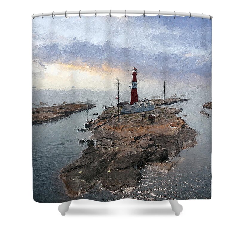 Lighthouse Shower Curtain featuring the digital art Faerder lighthouse II by Geir Rosset