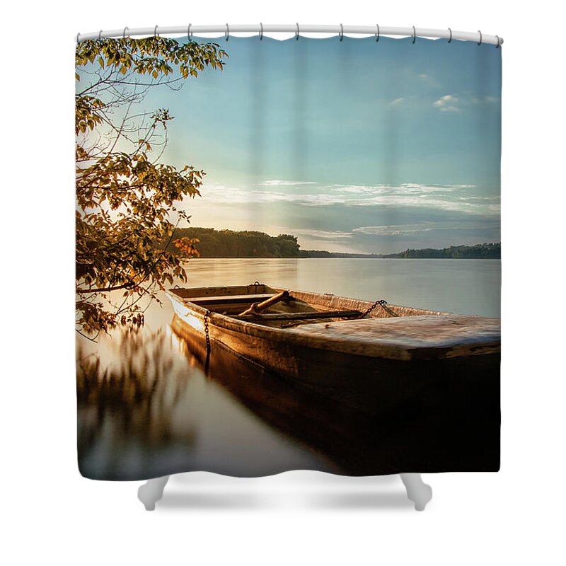 Rowboat Shower Curtain featuring the photograph Fairy-tale boat moored on the shore by Vaclav Sonnek