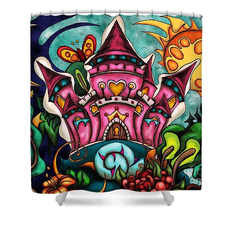 Fairy Tale Shower Curtain featuring the painting Fairy tale princess castle, cartoon pink castle by Nadia CHEVREL