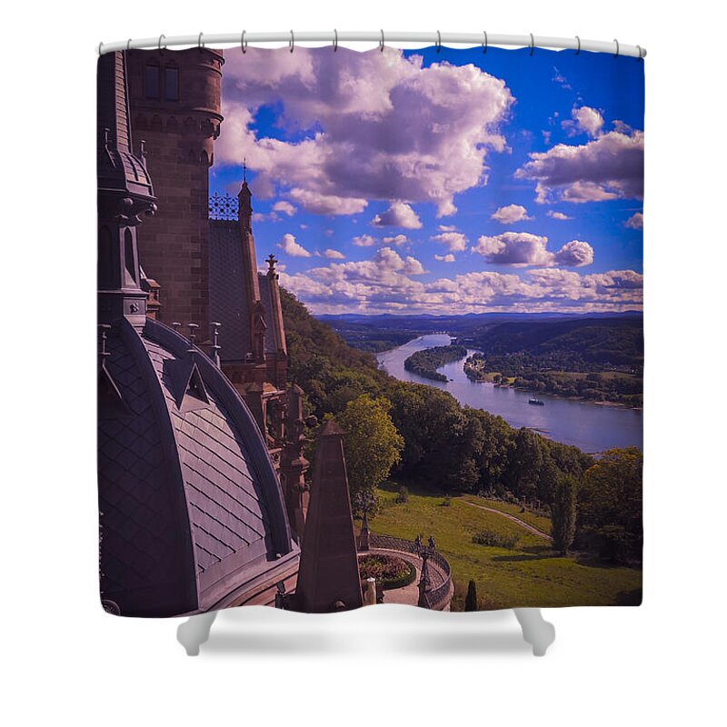 Castle Shower Curtain featuring the photograph Fairy tale view of the Rheine valley from the Drachenburg castle by Mendelex Photography