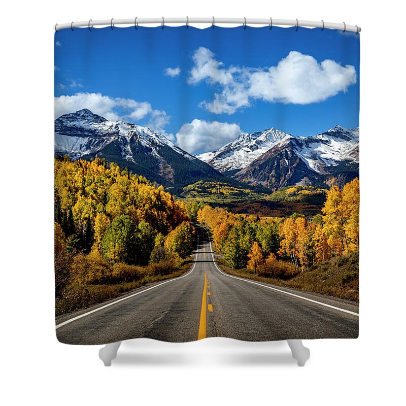 Aspen Shower Curtain featuring the photograph Fall Color on CO-145 Near Telluride by Teri Virbickis