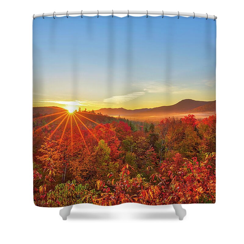 New England Nature Shower Curtain featuring the photograph Fall Colors Kancamagus Highway Sunrise by Juergen Roth