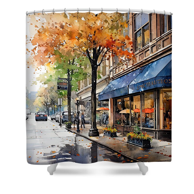Hot Springs Arkansas Shower Curtain featuring the painting Fall Downtown Scenes - Capturing the Beauty of the Season by Lourry Legarde
