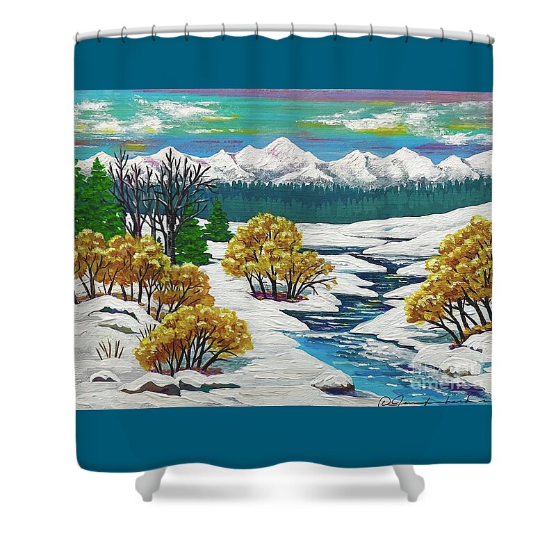 Mountains/snow/fall/color/yellow/stream/creek/nature/sunny/clouds/ Shower Curtain featuring the painting Fall into Winter by Jennifer Lake