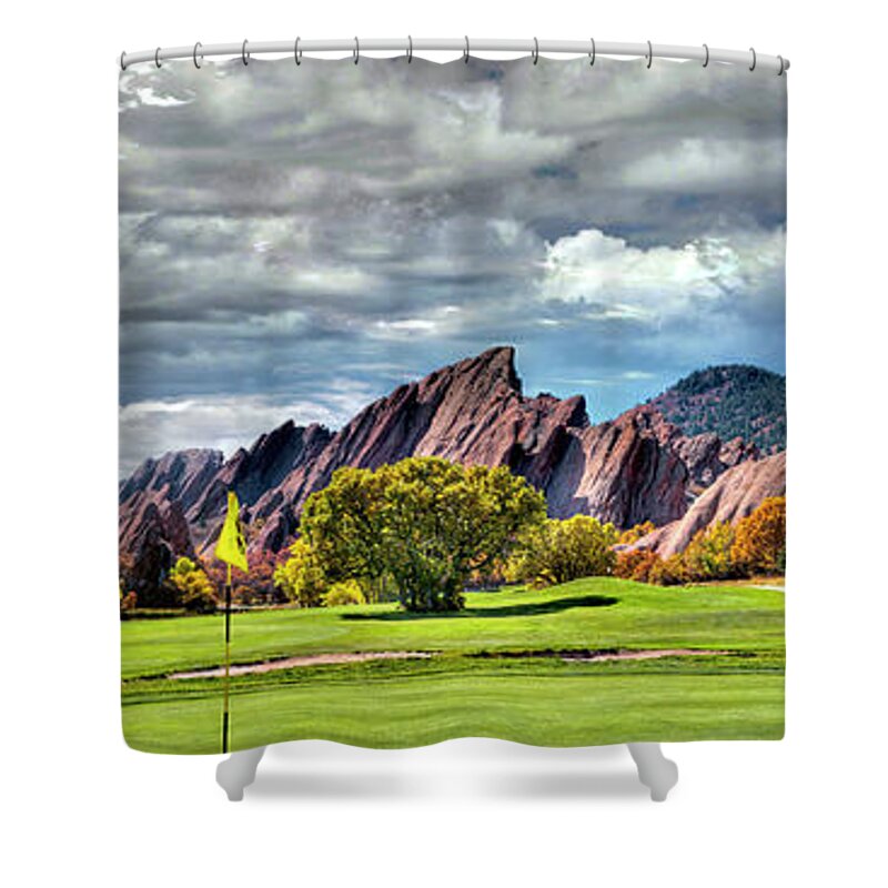 Cloud - Sky Shower Curtain featuring the photograph Fall Season at Roxborough Arrowhead Golf Club in Littleton, Colorado by Lena Owens - OLena Art Vibrant Palette Knife and Graphic Design