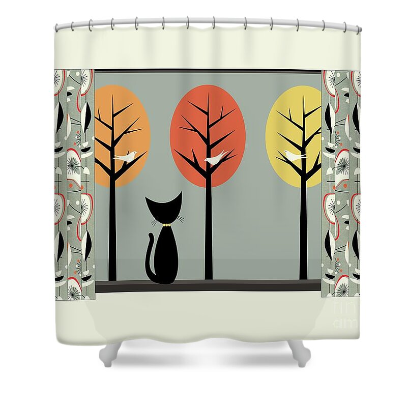  Shower Curtain featuring the digital art Fall Window with Retro Curtains by Donna Mibus