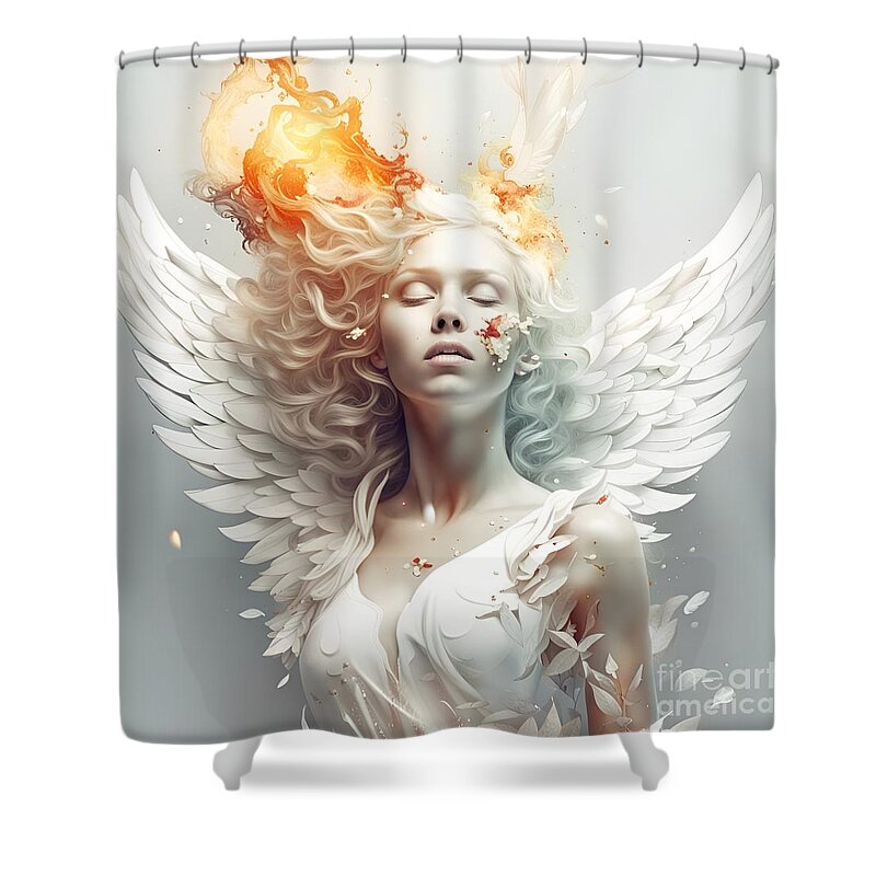 White-winged Angel Shower Curtain featuring the mixed media Fallen Elegance - White-Winged Deteriorating Female Angel Artwork by Artvizual
