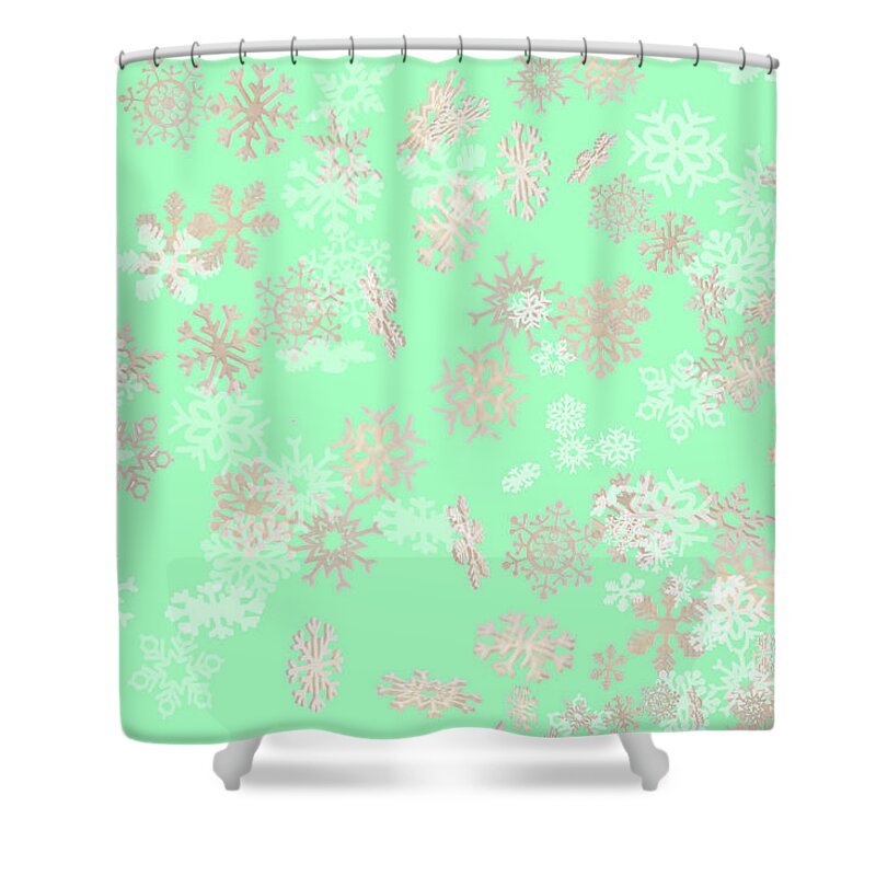 Ice Words Shower Curtain featuring the photograph Falling snowflakes pattern on green background by Simon Bratt