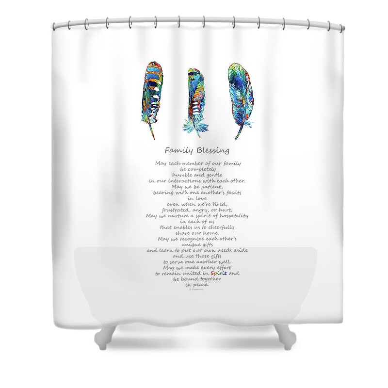Rainbow Shower Curtain featuring the painting Family Blessing Art - Colorful Feathers - Sharon Cummings by Sharon Cummings
