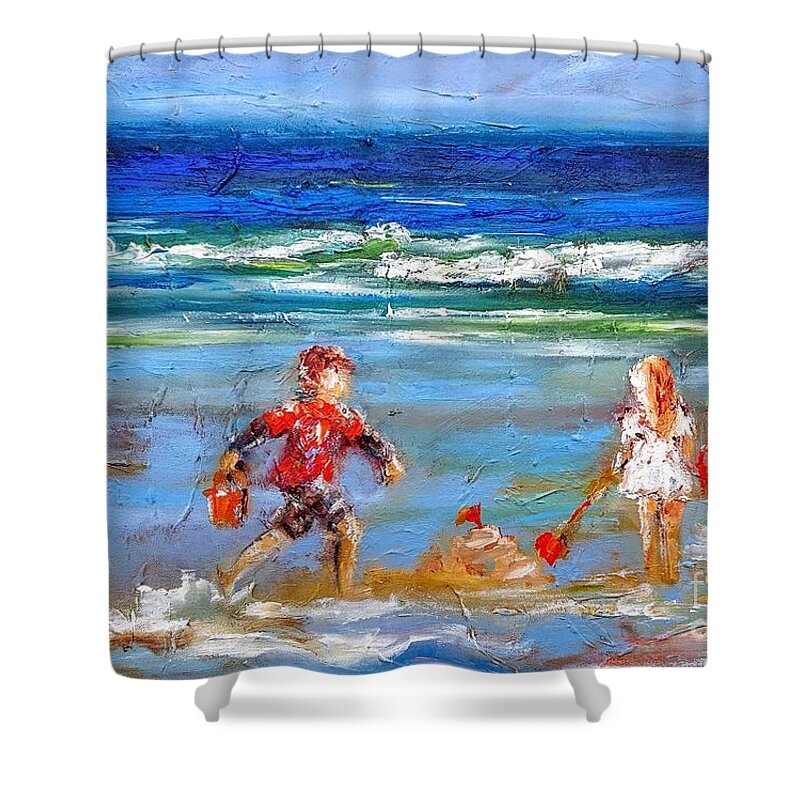 Family Art Painting Of Family By Shower Curtain featuring the painting paintings of Family playing on the beach by Mary Cahalan Lee - aka PIXI