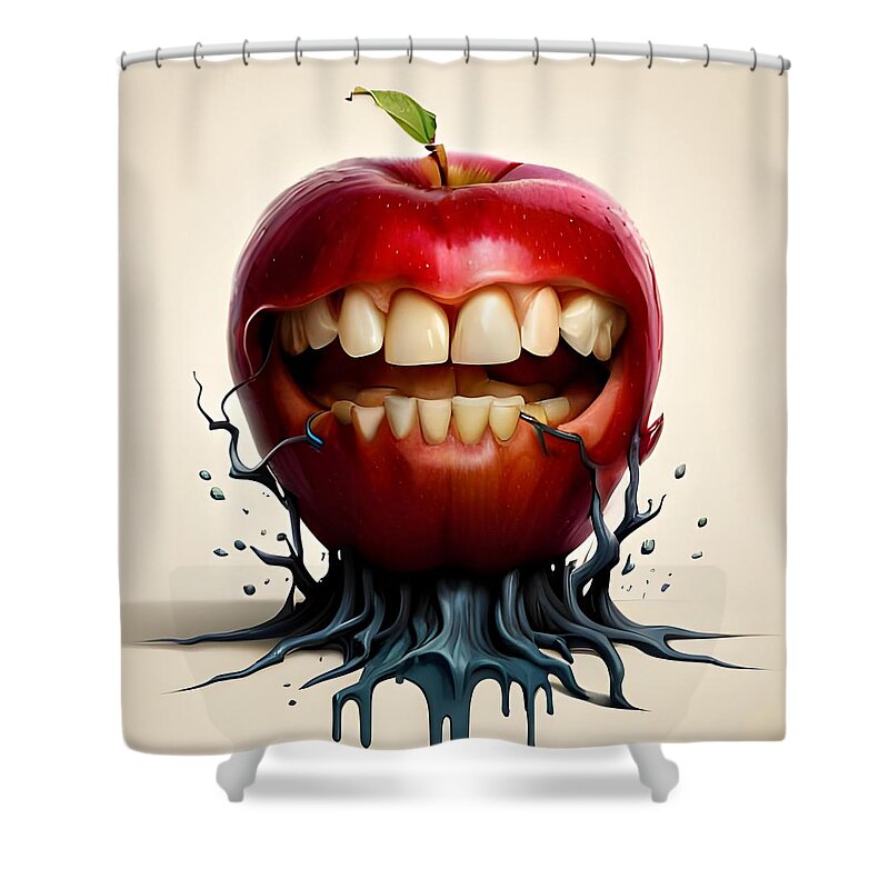 Apple Art Shower Curtain featuring the mixed media Fantasy Bite - Joyful Art Piece of an Apple with Teeth by Artvizual Premium