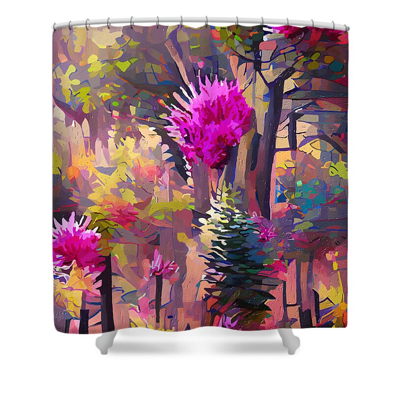 Fantasy Shower Curtain featuring the mixed media Fantasy Forest by Ann Leech