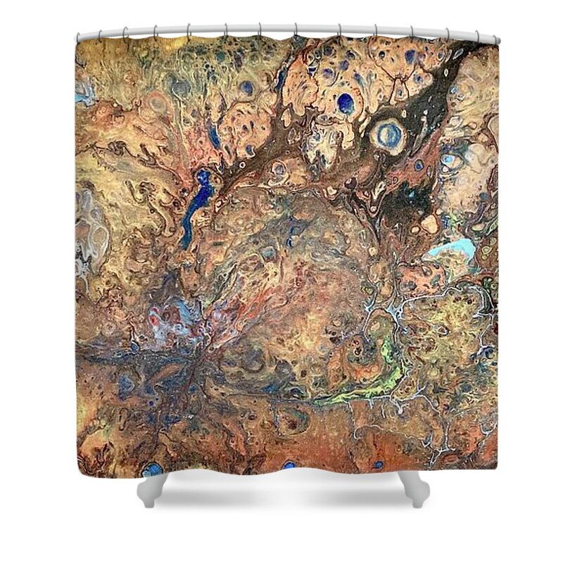 Fantasy Landscape Of Cosmic Event Shower Curtain featuring the painting Fantasy In Gold by David Euler