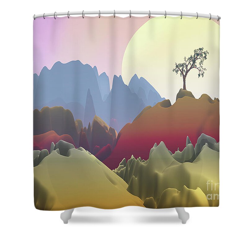 Fantasy Landscape Shower Curtain featuring the digital art Fantasy Mountain by Phil Perkins